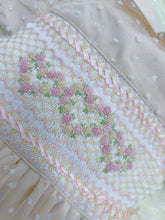 Load image into Gallery viewer, Girls cream organza smock dress with pink smocking