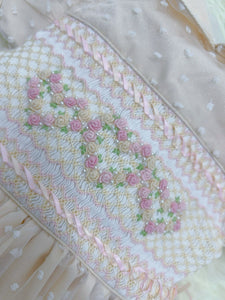 Girls cream organza smock dress with pink smocking