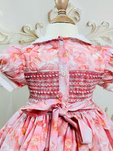 Load image into Gallery viewer, Pink floral pearl detail smock dress , front&amp;back smocking