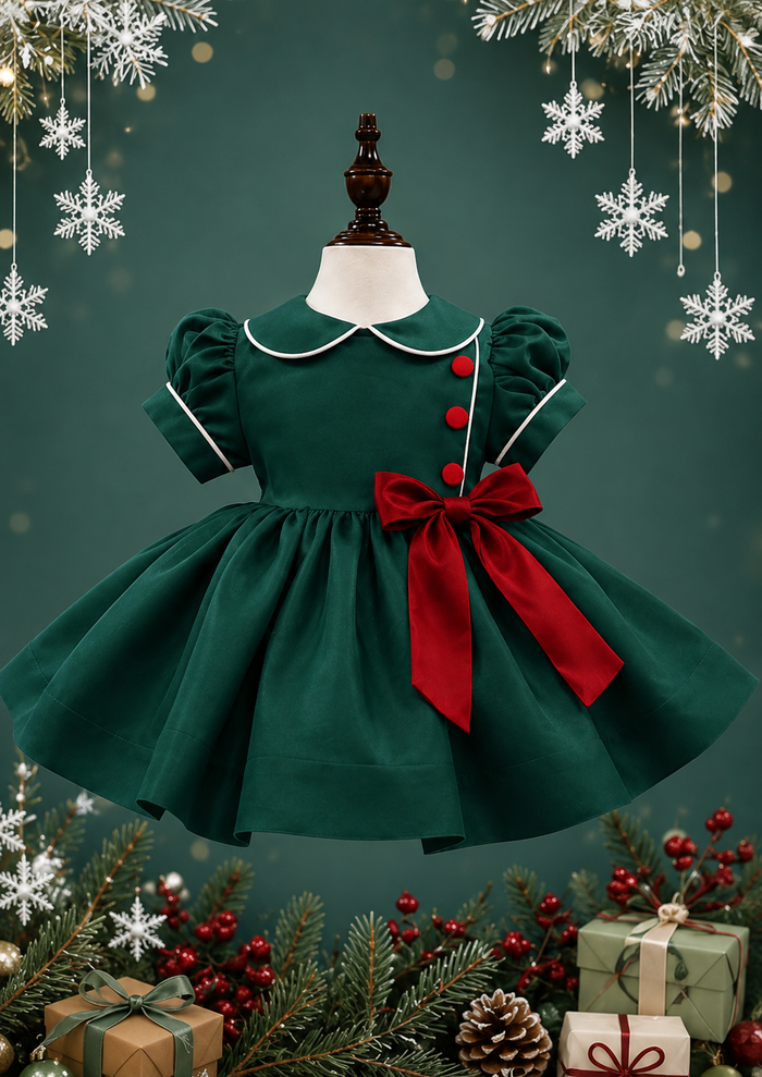 Emerald Green with red bow & buttons classic dress ( October deilvery)