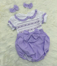 Load image into Gallery viewer, Girls Lilac cheque smock romper