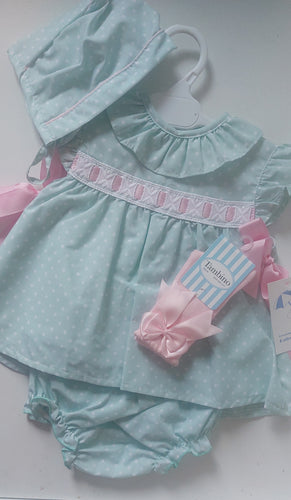 Mint baby girl dress,bonnet  knickers & socks