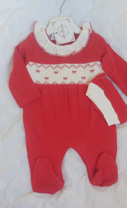 Red bow smock babygrow&hat