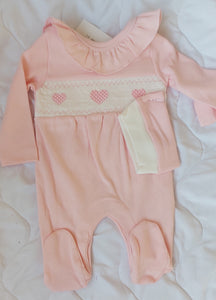 Pink heart smock babygrow&hat