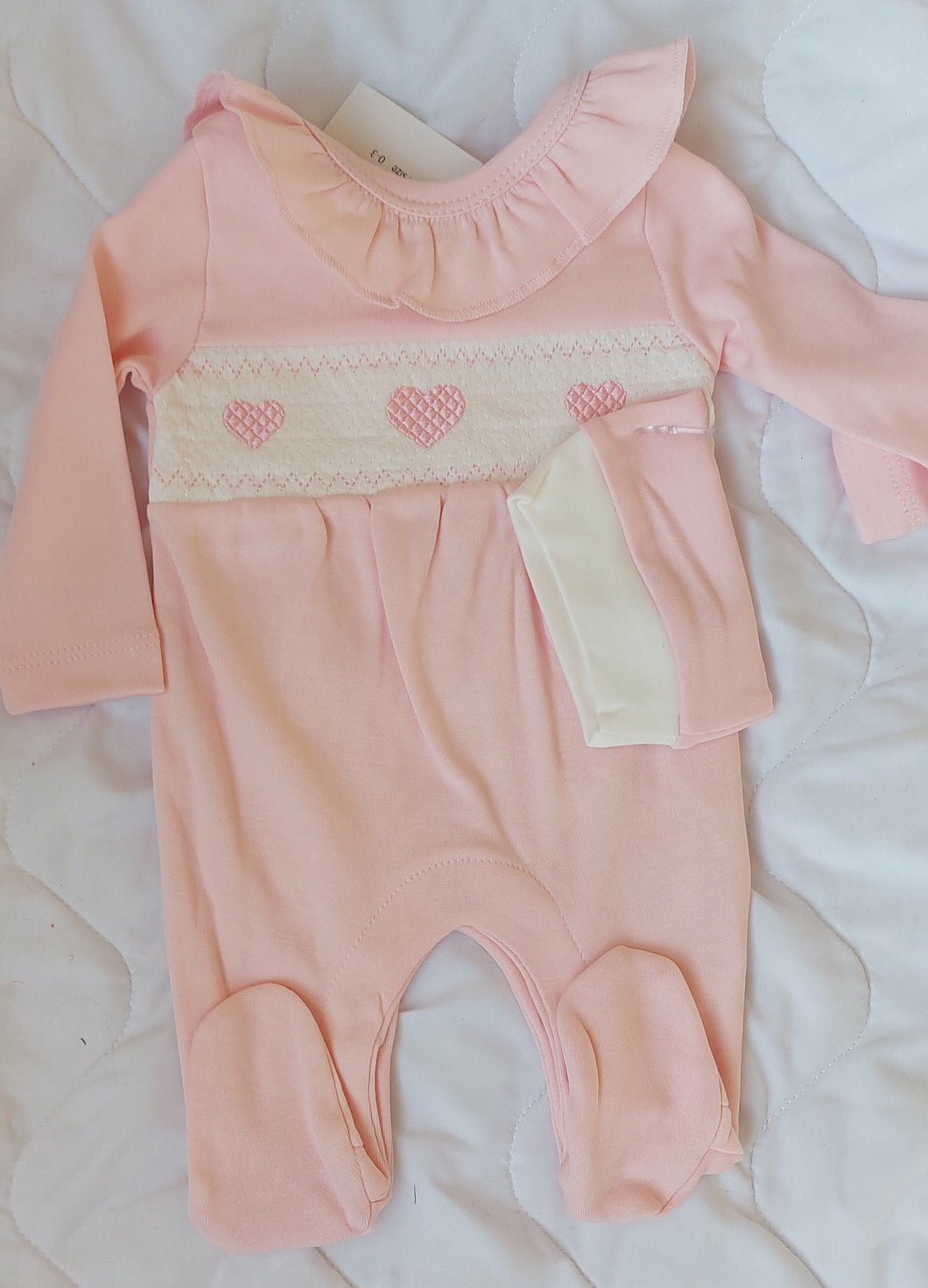 Pink heart smock babygrow&hat