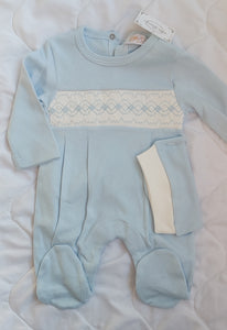 Boys blue smock babygrow&hat