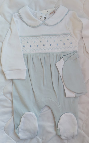 Blue /white smock babygrow&hat