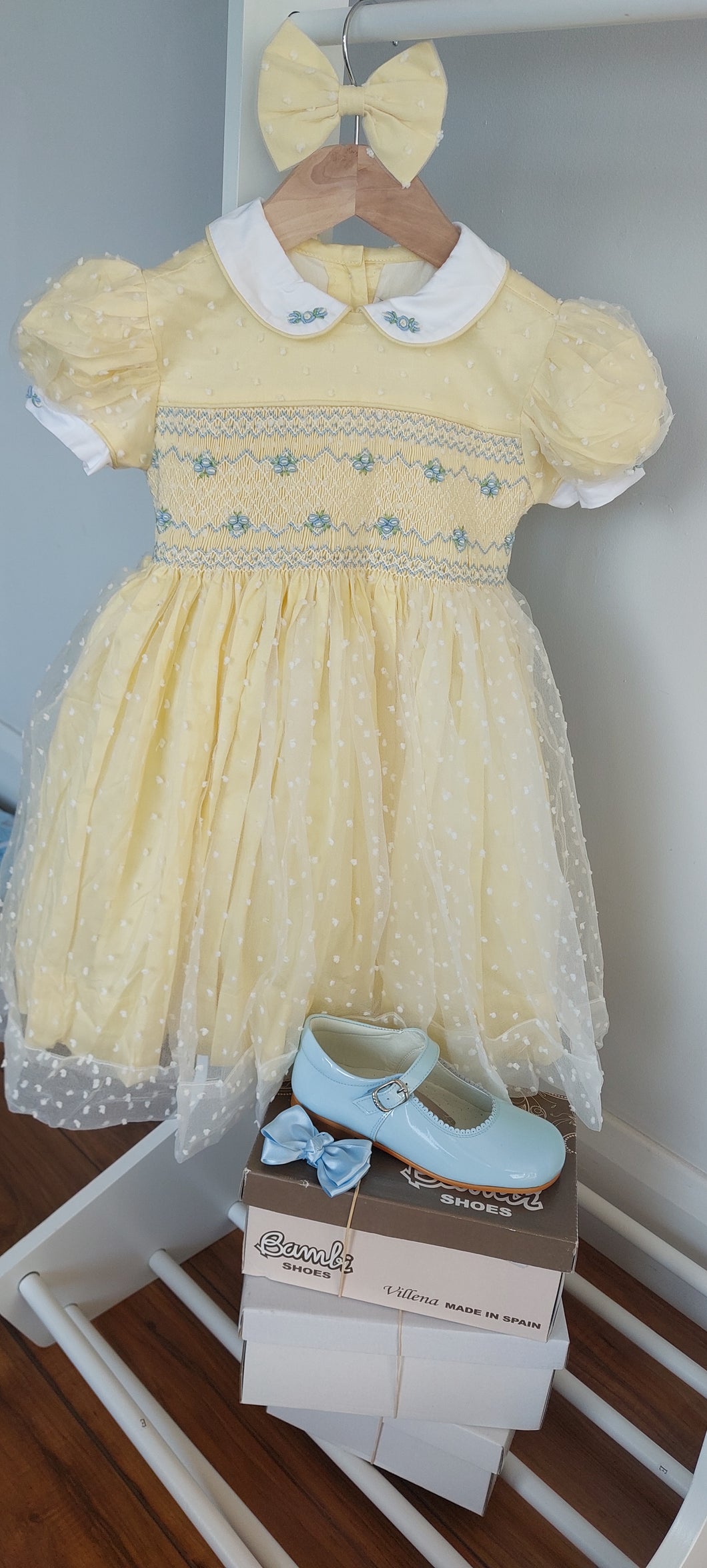 Lemon organza with baby blue smocking