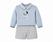 Load image into Gallery viewer, Boys blue Dalmation jumper and short set Preorder