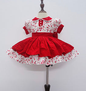 New red Floral classic dress with detachable pinny