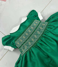 Load image into Gallery viewer, Green Glitter smock dress with gold stitches (2 week wait and
