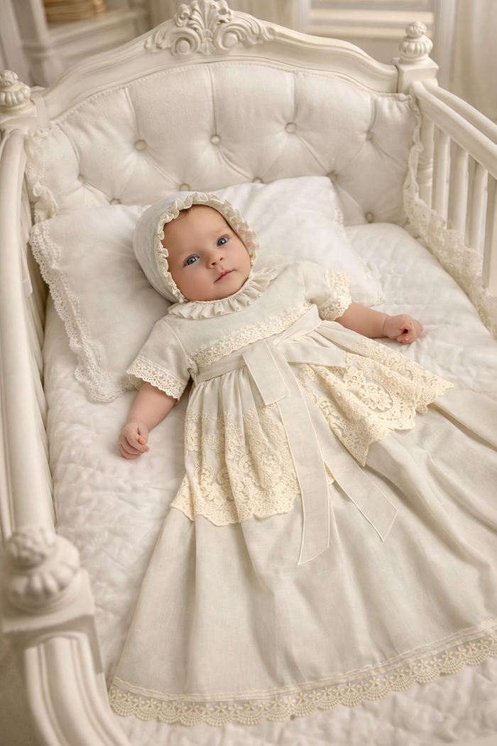 Baby girl Cream Lace Christening / daygown dress & bonnet