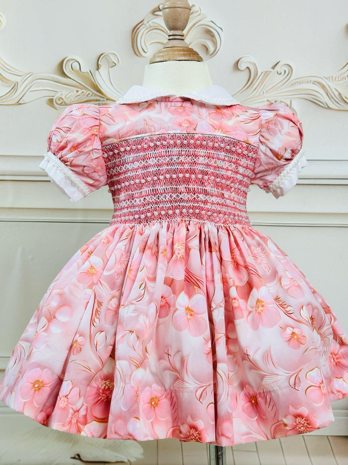 Pink floral pearl detail smock dress , front&back smocking