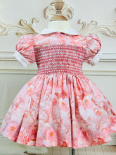Load image into Gallery viewer, Pink floral pearl detail smock dress , front&amp;back smocking