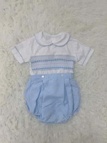 Boys blue gingham smock romper