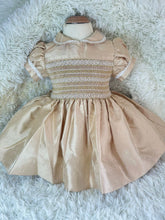 Load image into Gallery viewer, Gold Glitter &amp; pearl detail smock dress
