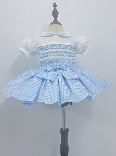 Girls blue gingham smock blouse& skirt