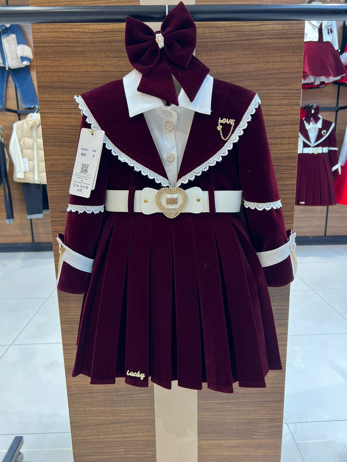 Wine Velvet Dress with hairbow