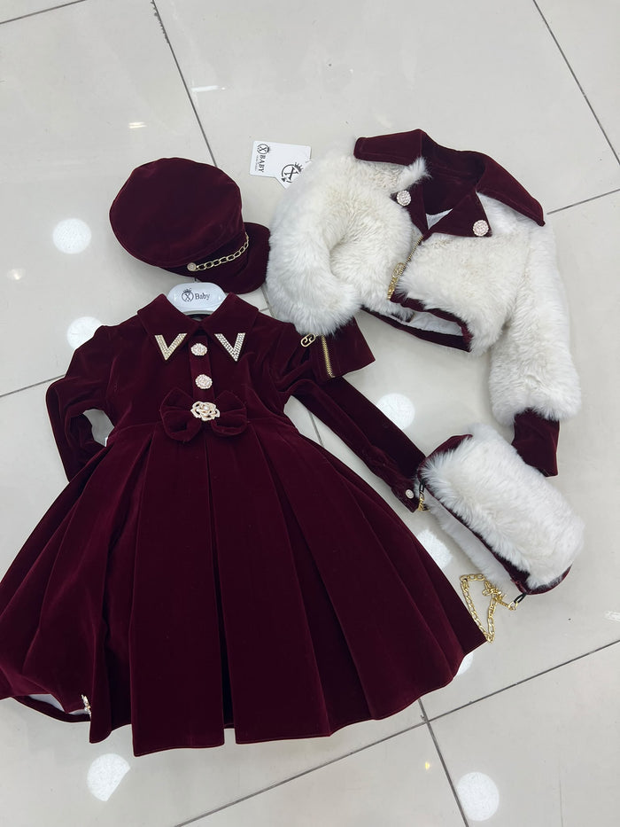 Girls wine velvet dress with bolero coat, hat & bag ( approx 3 week wait)