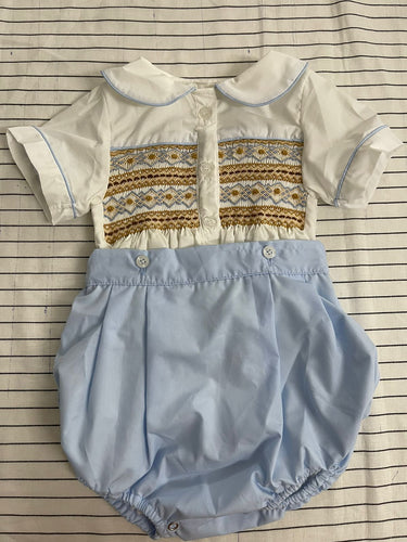 Boys blue with tan smocking romper (preorder delivery early October)