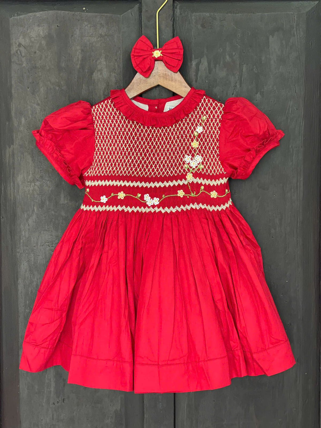 Girls Red smock with flower embroidery details ( September delivery)