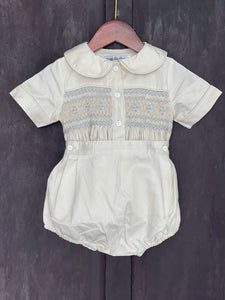 Boys cream with blue smock ( delivery in September