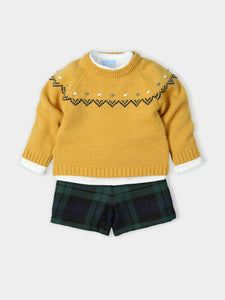 Boys Green tartan shorts, jumper , shirt