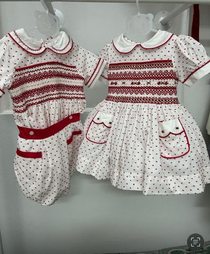 Boys red Swiss dot smock romper / delivery in July