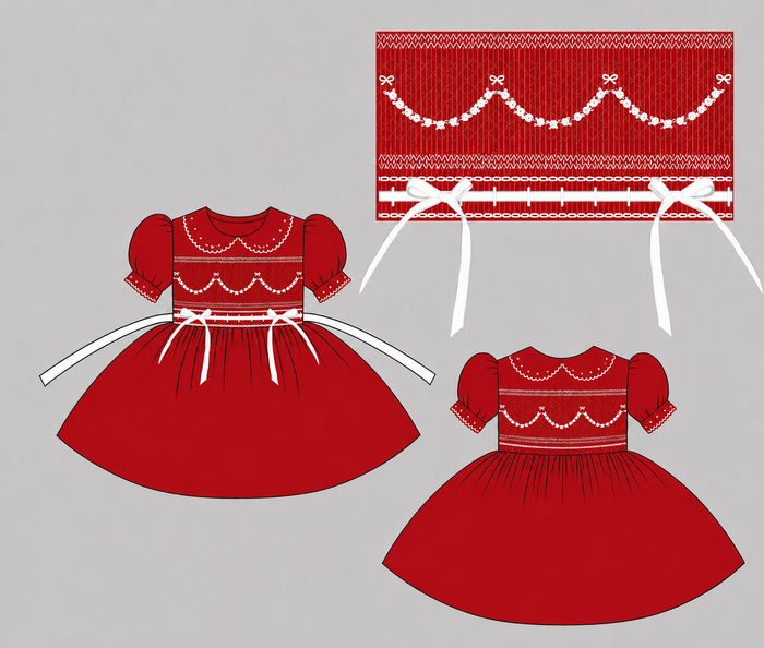 Red front & back smocking Christmas smock “October deilvery