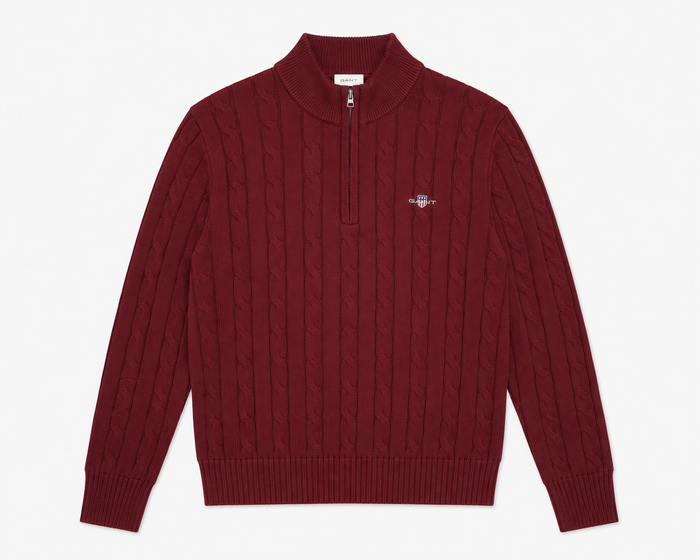 Boys Gant AW26 burgundy cable knit half zip jumper