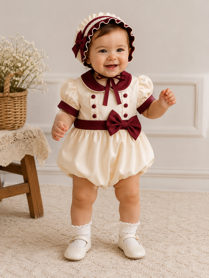 Cream with wine bubble romper (bonnet sold separately-(September deilvery