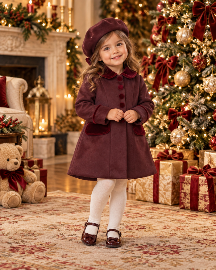 Girls Beau kid traditional wine coat with velvet trim