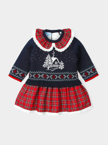 Girls Tartan& navy top Christmas dress