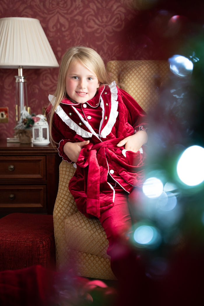 Girls red velvet dressing gown& pj set