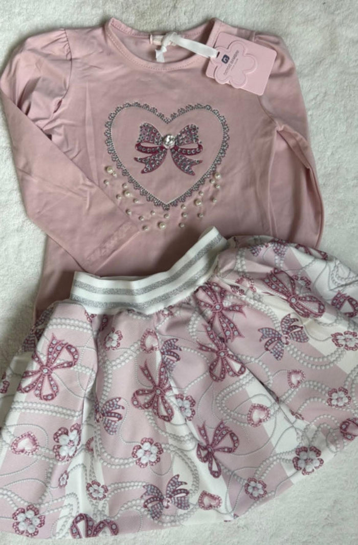 Gb pink bow & pearl skirt & top set