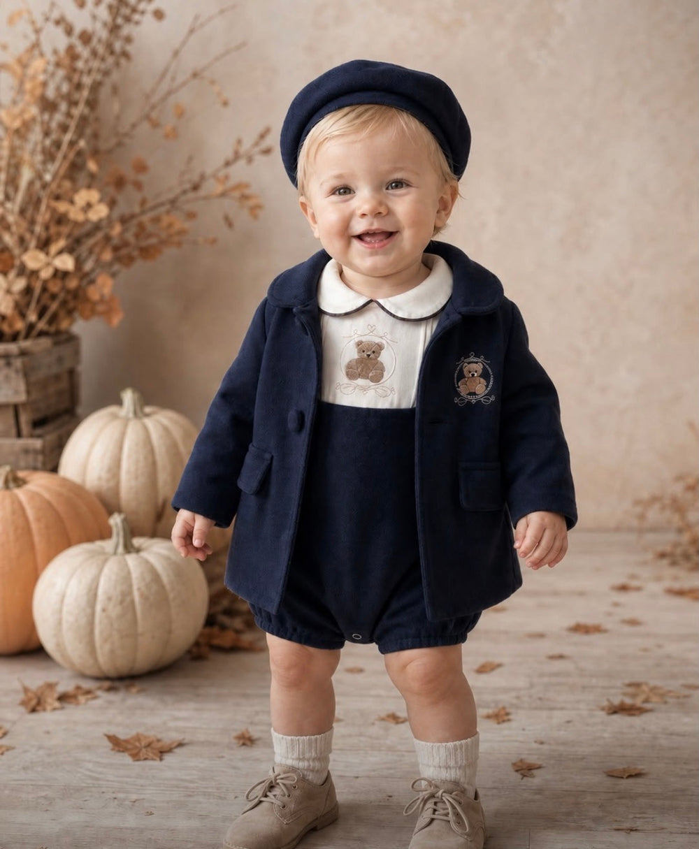 Boys Navy Beau kid romper, coat & hat