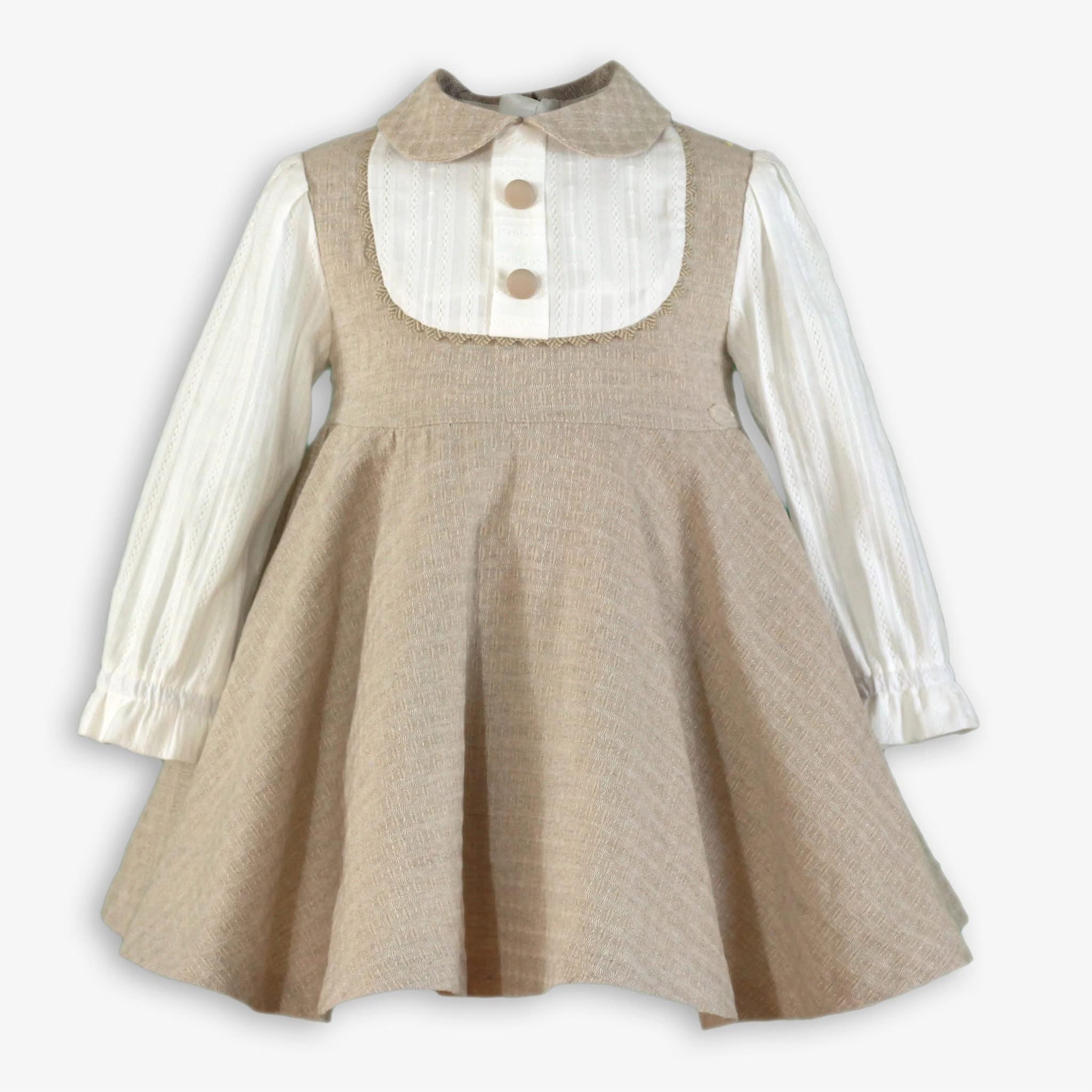 122 V baby girls beige pinafore dress – LittleBoPeep