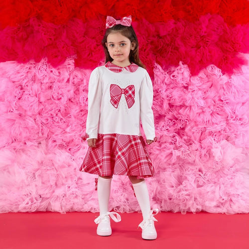 W251703 Lottie check bow dress with Peter Pan collar