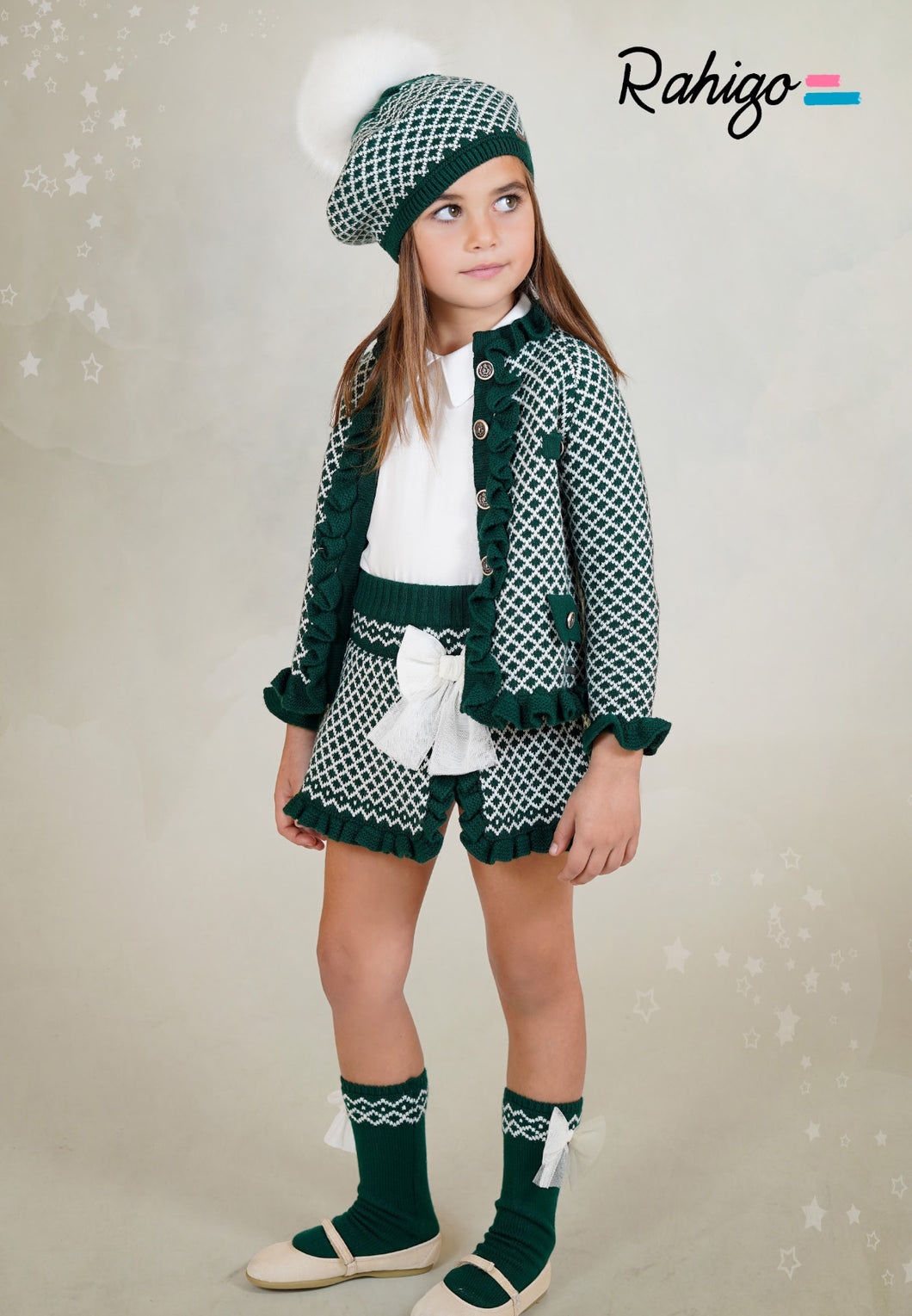 252102 Girls emerald green/ cream set (includes socks&hat
