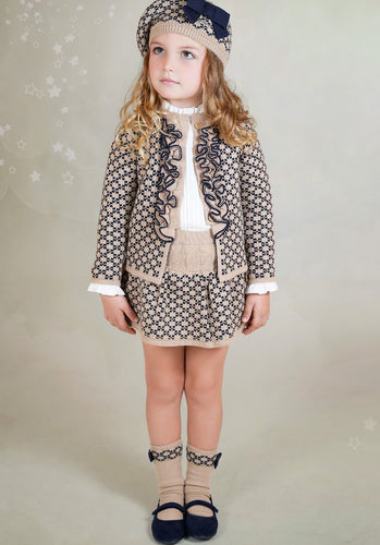 25216 Girls tan/ navy Rahigo 3 piece with socks & hat