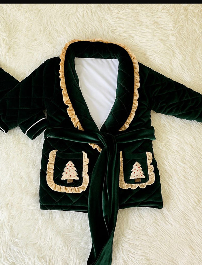 Girls Green with gold velvet dressing gown & pj set
