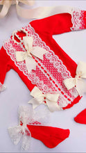 Load image into Gallery viewer, Ela confection Red knit romper with bonnet( socks sold separately)