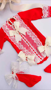 Ela confection Red knit romper with bonnet( socks sold separately)