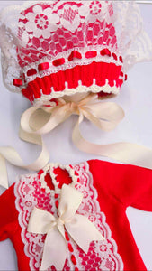 Ela confection Red knit romper with bonnet( socks sold separately)