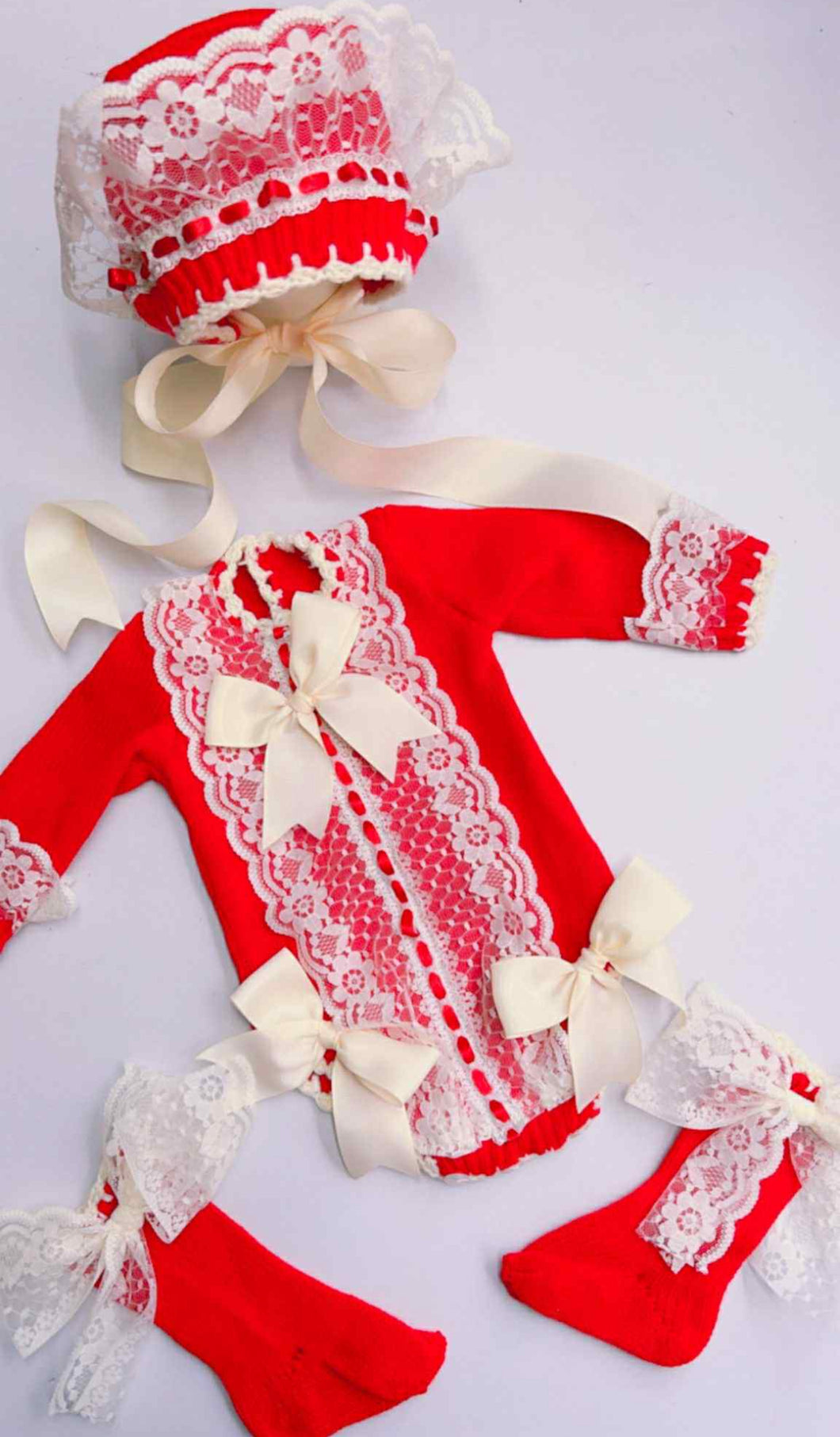 Ela confection Red knit romper with bonnet( socks sold separately)