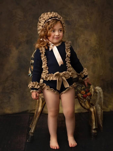 Navy& tan Ela knitted Romper & bonnet