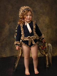 Navy& tan Ela knitted Romper & bonnet