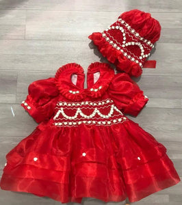 Red organza smock dress with bonnet