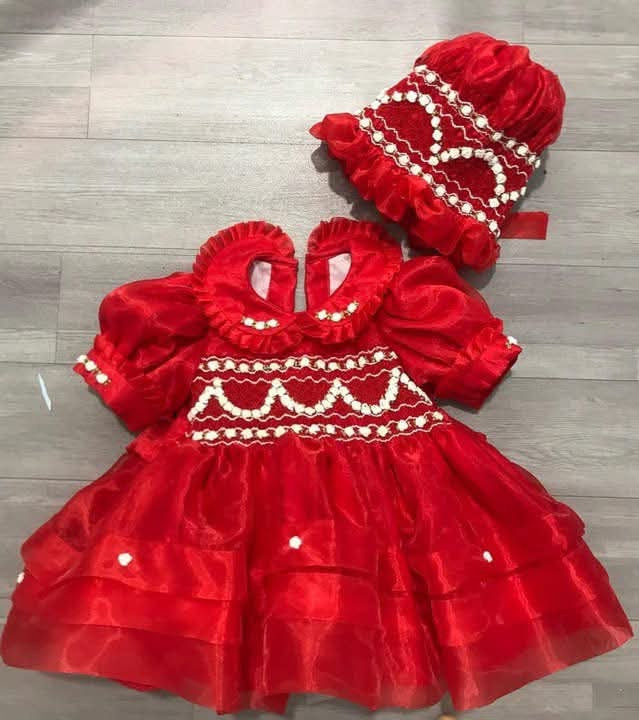 Red organza smock dress with bonnet
