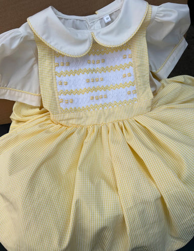 Girls lemon cheque smock pinafore and blouse set